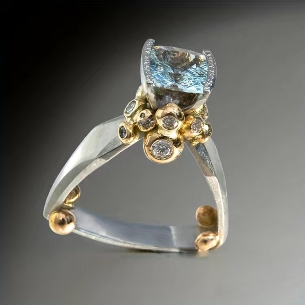 - Blue Gold Ring with Unique Design and Square Cut Gemstone Size 8
